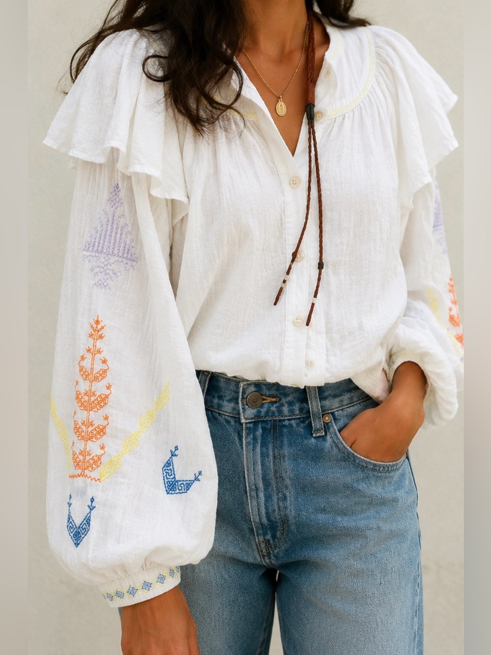 Claramonte Amazigh Blouse White Embroidered Cotton Balloon Sleeve Boho Top - OS